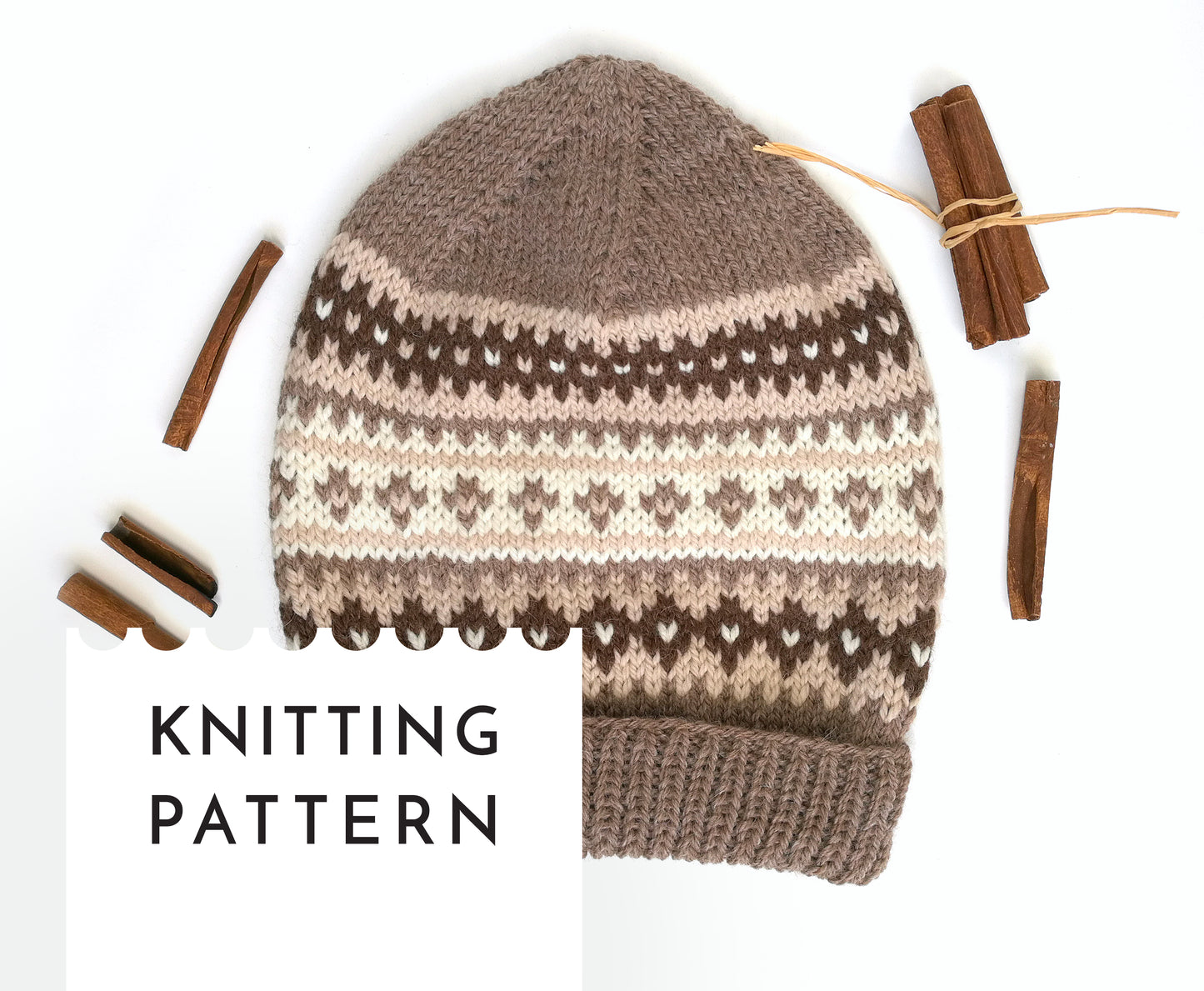 beige, brown and white wool hand-knitted Fair Isle beanie hat
