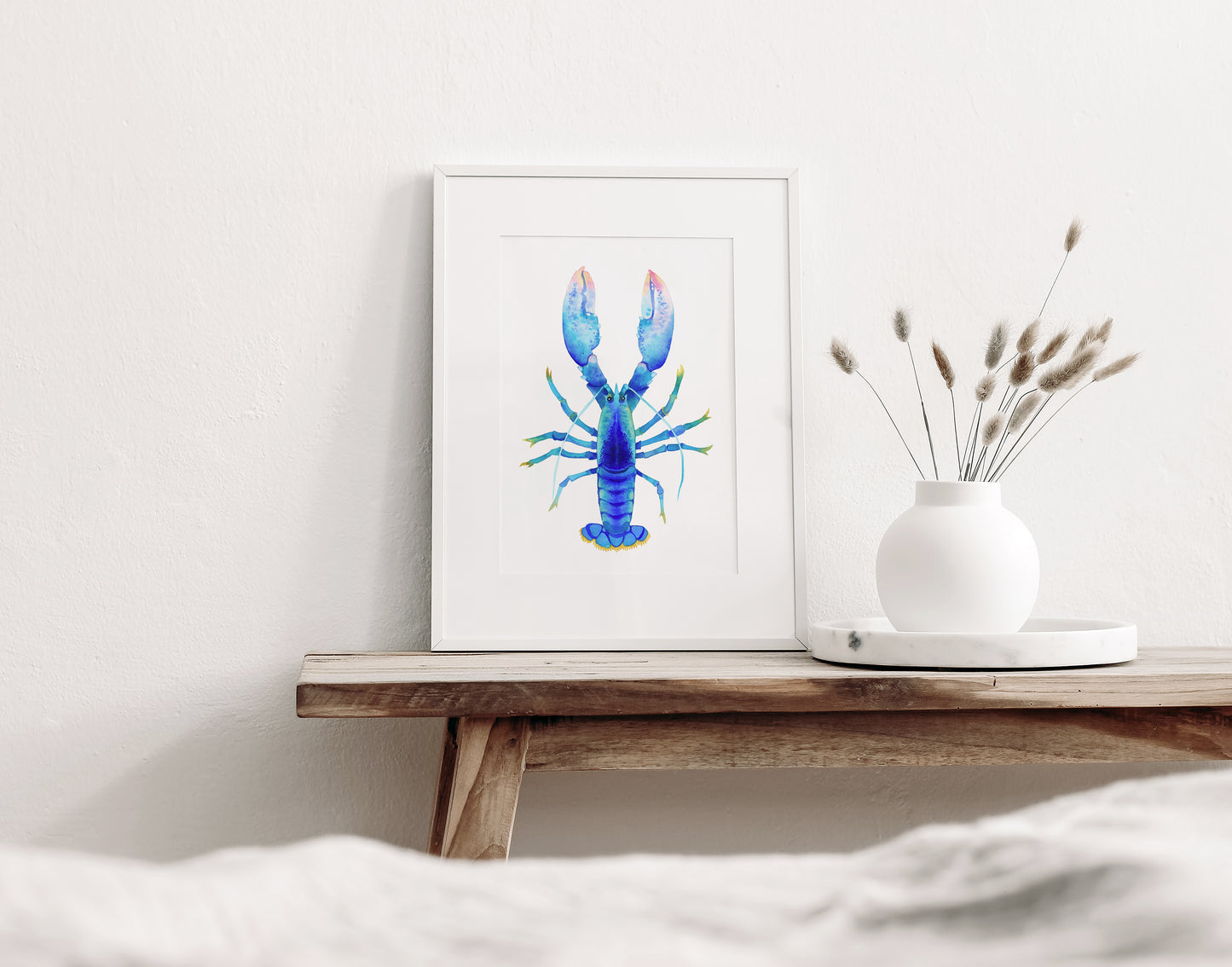 Small Blue American Lobster watercolor art print in a white frame