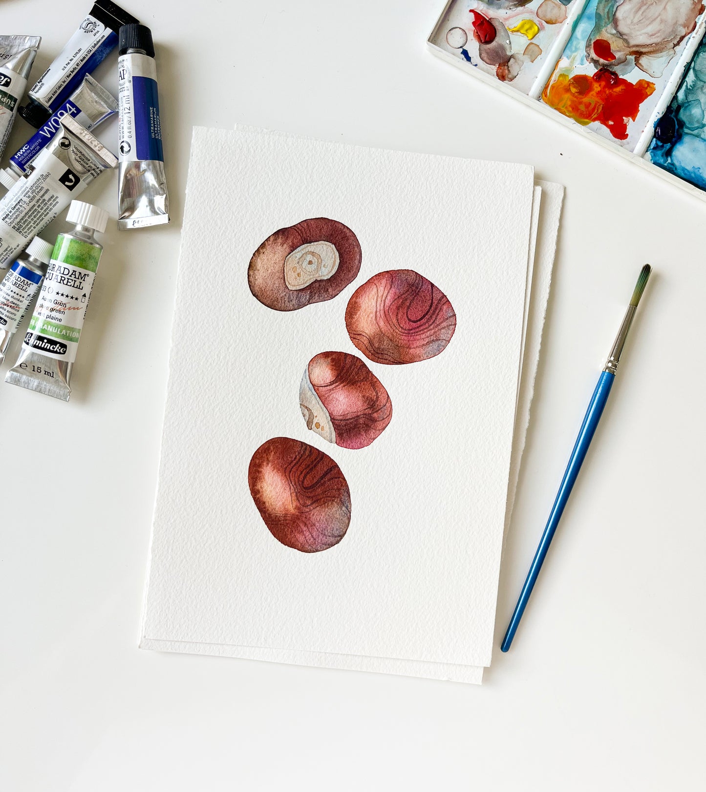 Original watercolor painting of four horse chestnuts, accompanied by art supplies