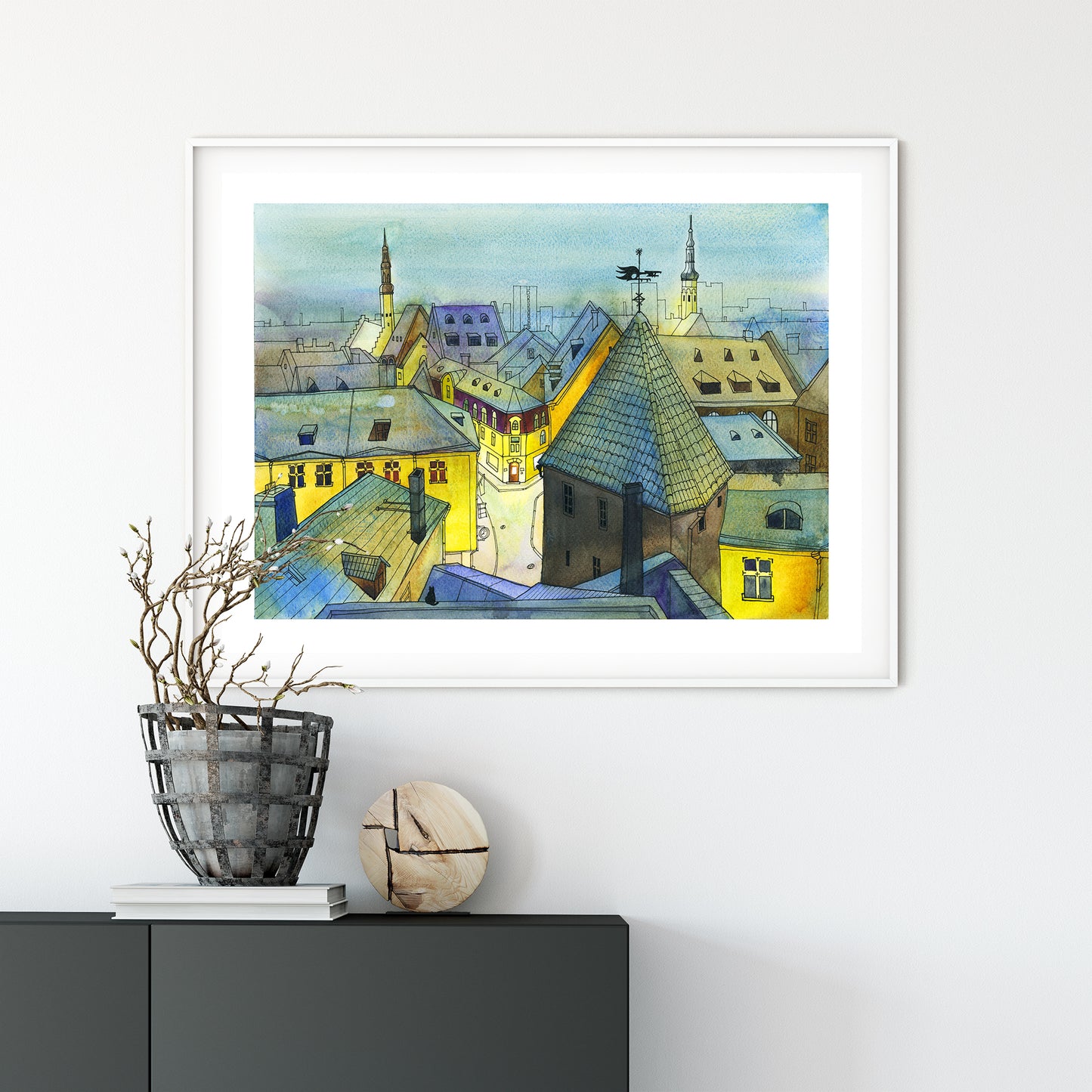 Framed watercolor and ink artwork of a view to Pikk street from Kohtuotsa viewpoint in Tallinn