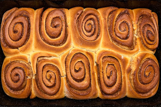 baked cinnamon buns top view