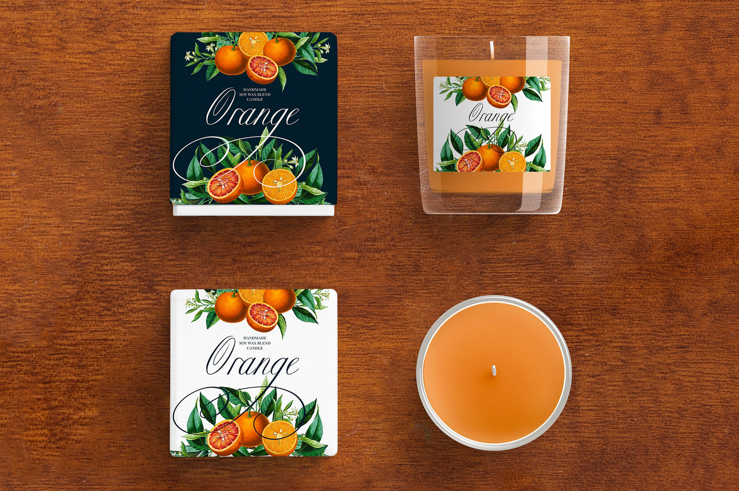 Orange vintage collection of candles on wooden table surface