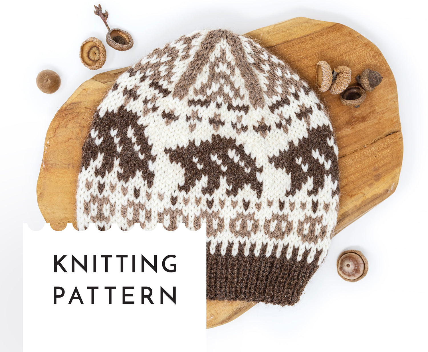 nordic hand-knitted hat with bear pattern in white and brown colours