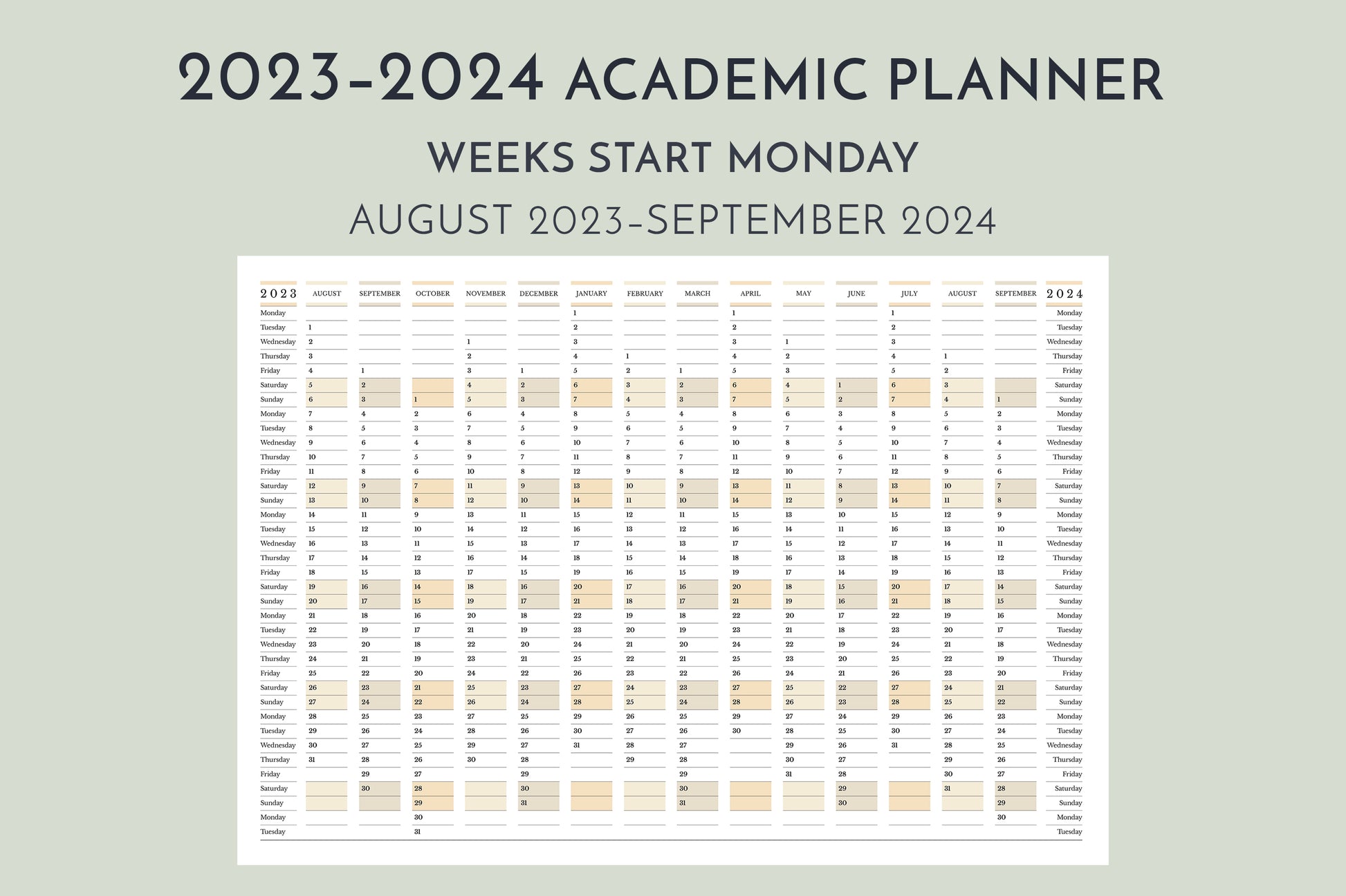 2023-2024 Academic Planner, weeks start Monday, in landscape orientation
