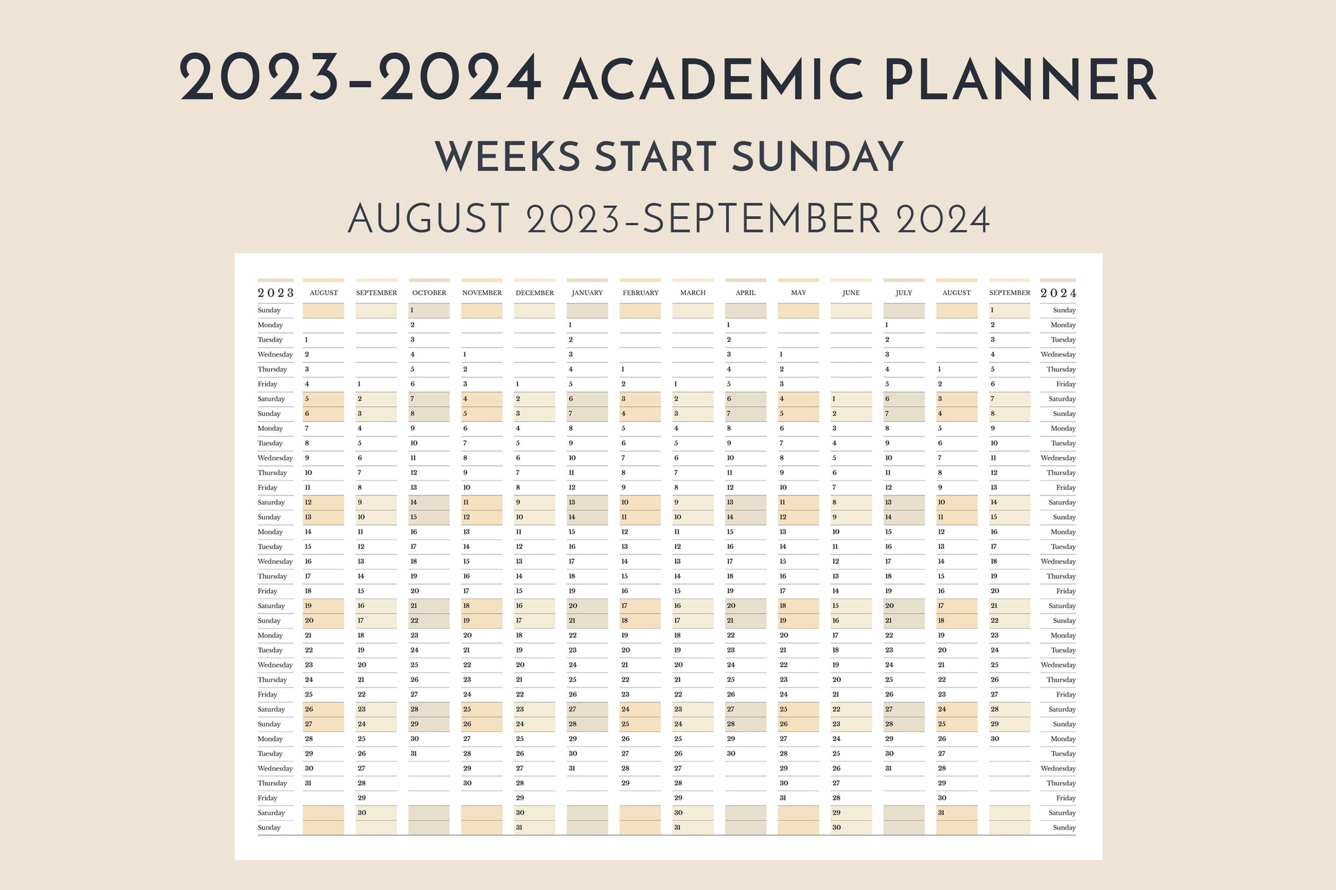 2023-2024 Academic Planner, weeks start Sunday, in landscape orientation