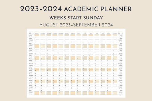 2023-2024 Academic Planner, weeks start Sunday, in landscape orientation