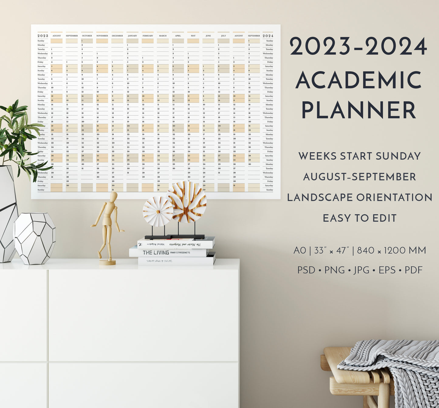 2023-2024 Academic Planner, weeks start Sunday, in landscape orientation, in interior