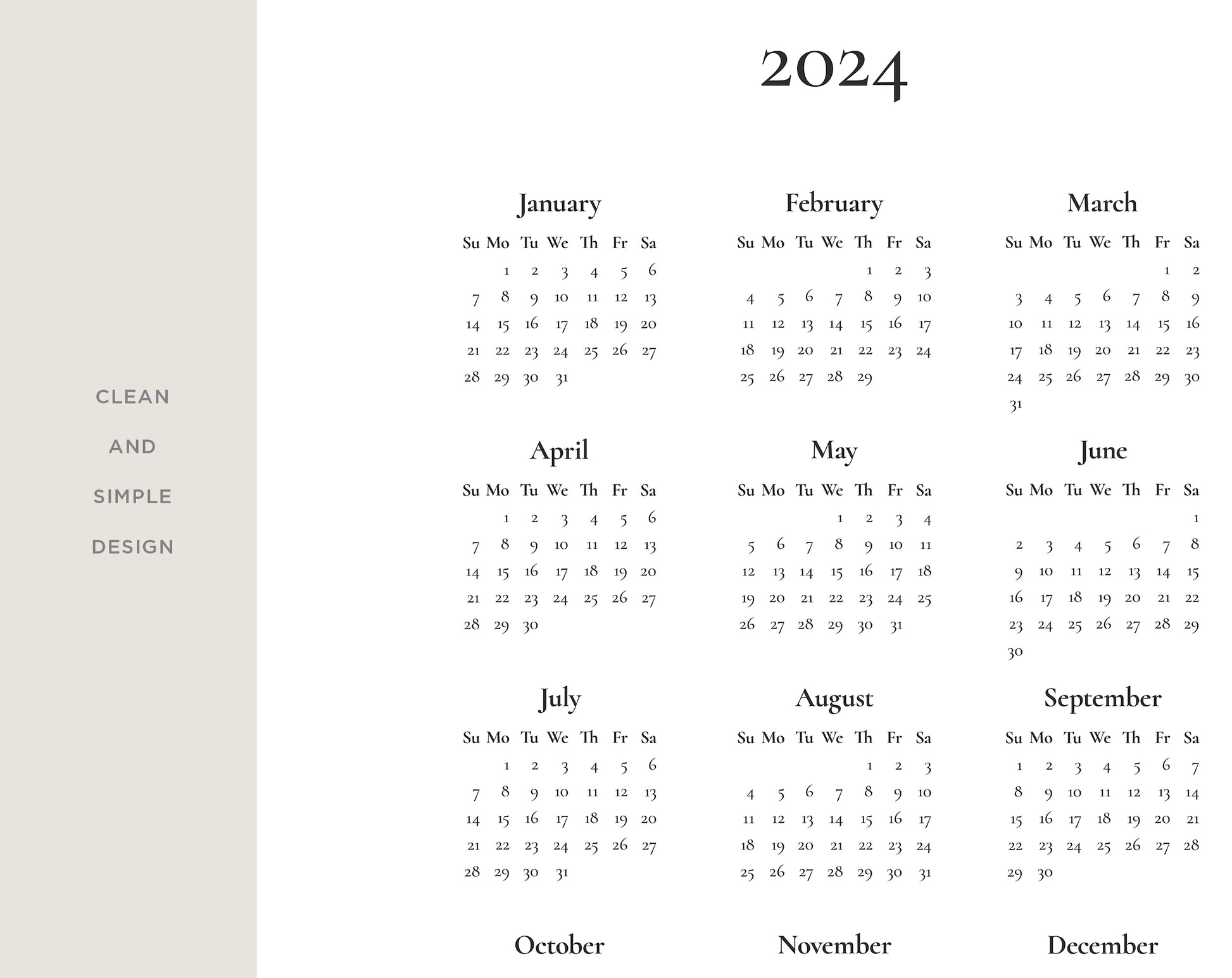 details of 2024 calendar template in portrait orientation