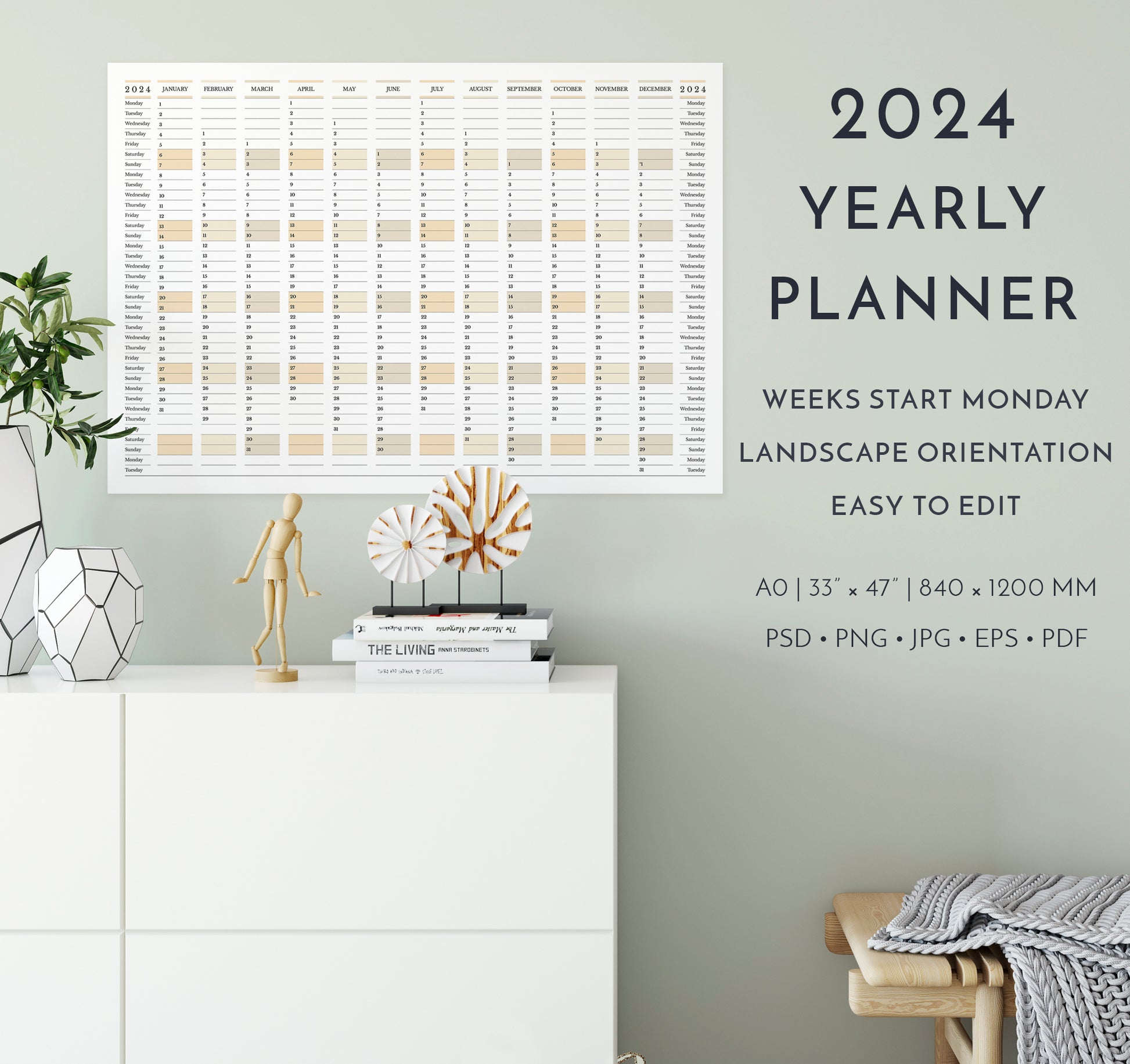 2024 yearly calendar planner, weeks start Monday, in landscape orientation in interior