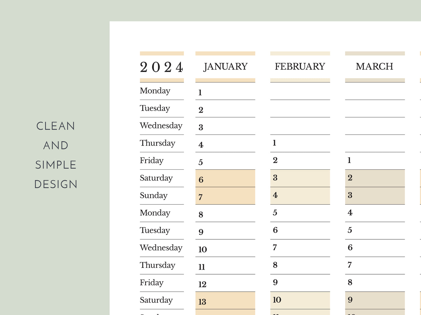 details of 2024 yearly calendar planner, weeks start Monday, in landscape orientation