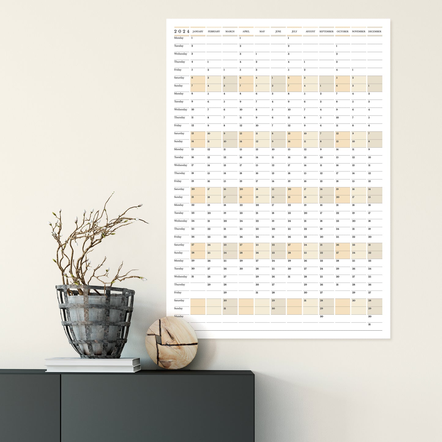 2024 yearly calendar planner, weeks start Monday, in portrait orientation on a wall