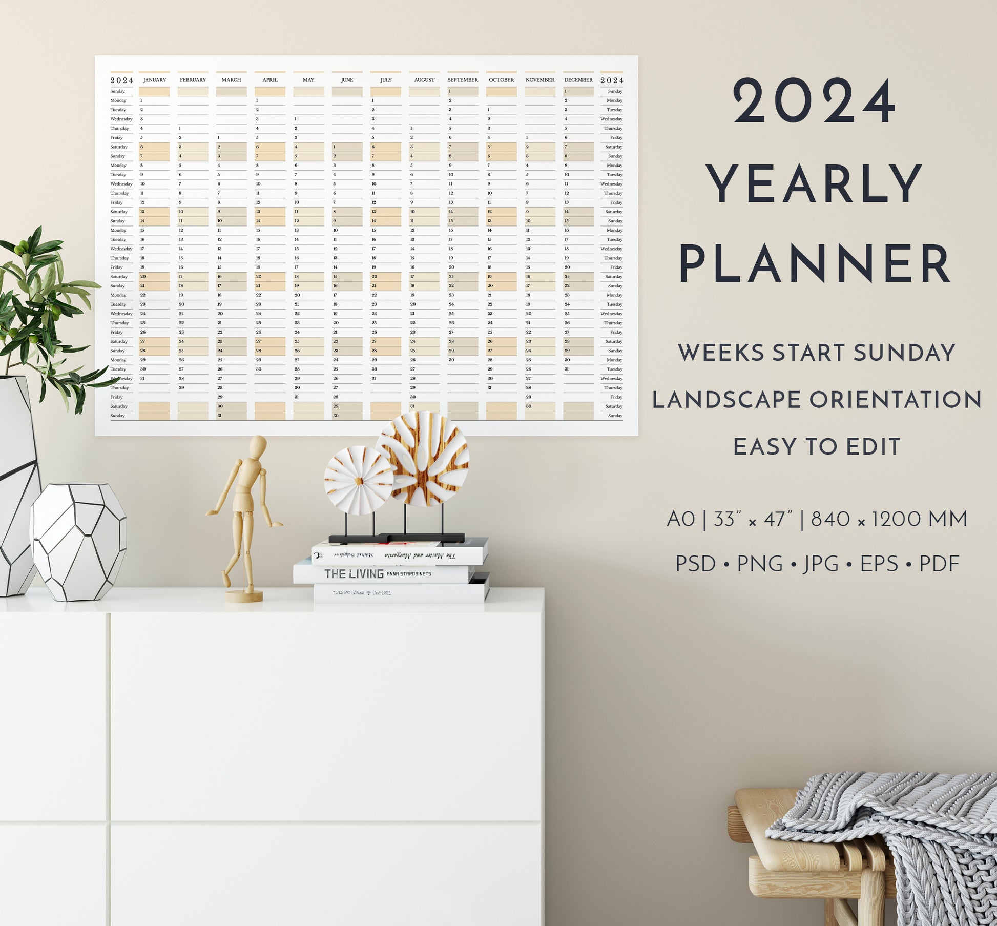 2024 yearly calendar planner, weeks start Sunday, in landscape orientation in interior