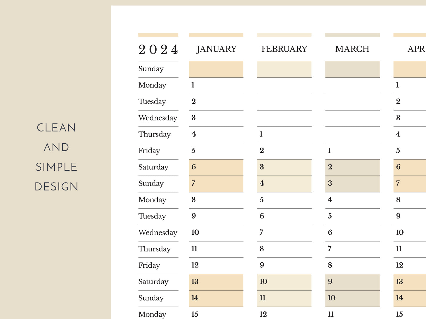 details of 2024 yearly calendar planner, weeks start Sunday, in landscape orientation
