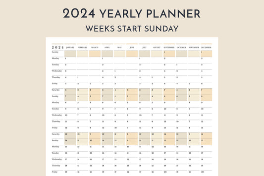 2024 yearly calendar planner, weeks start Sunday, in portrait orientation