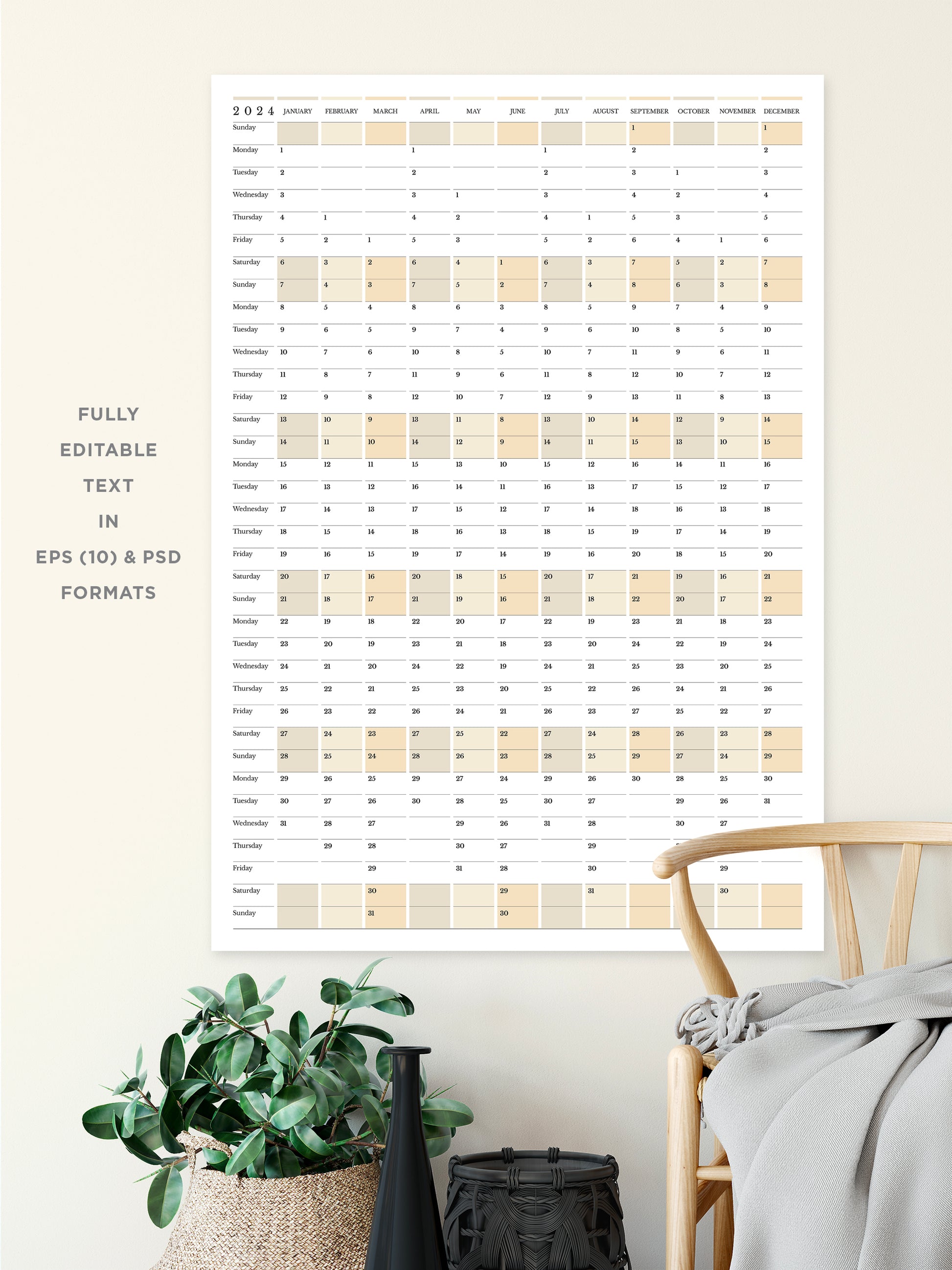 2024 yearly calendar planner, weeks start Sunday, in portrait orientation on a wall