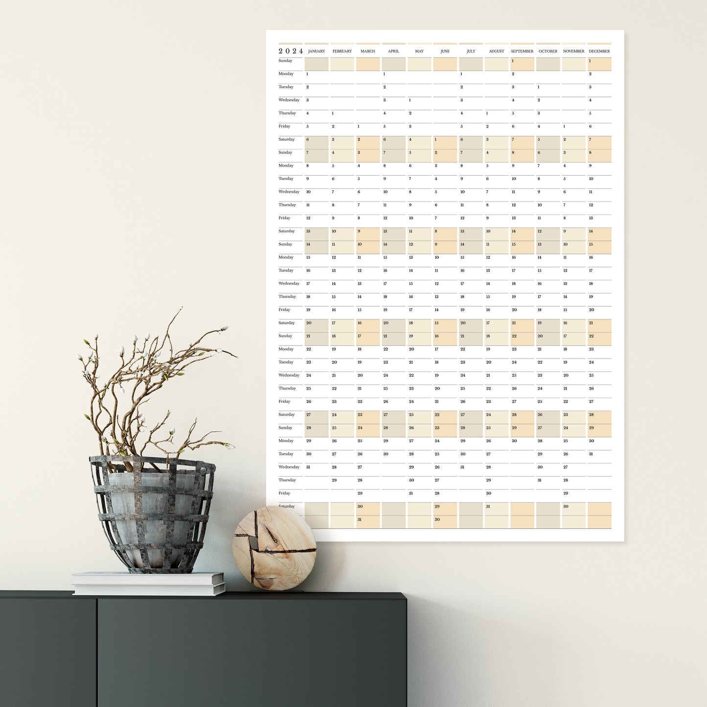 2024 yearly calendar planner, weeks start Sunday, in portrait orientation on a wall