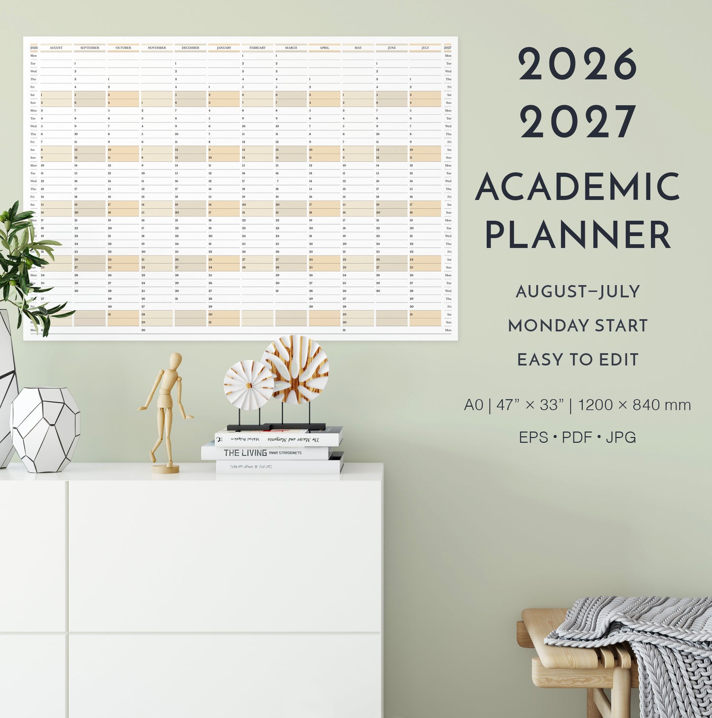 2026-2027 academic planner on a wall with decorative elements below.