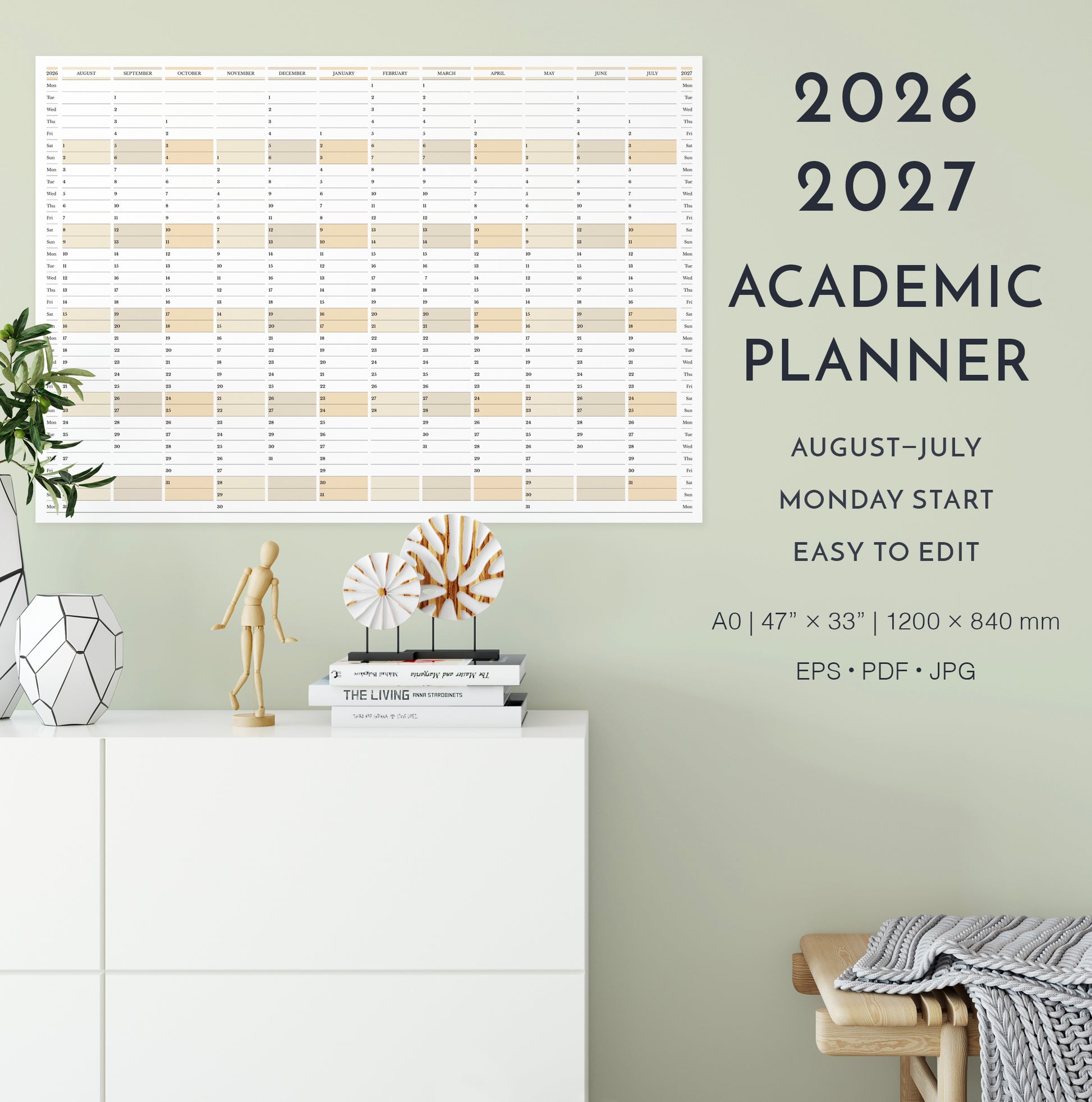 2026-2027 academic planner on a wall with decorative elements below.