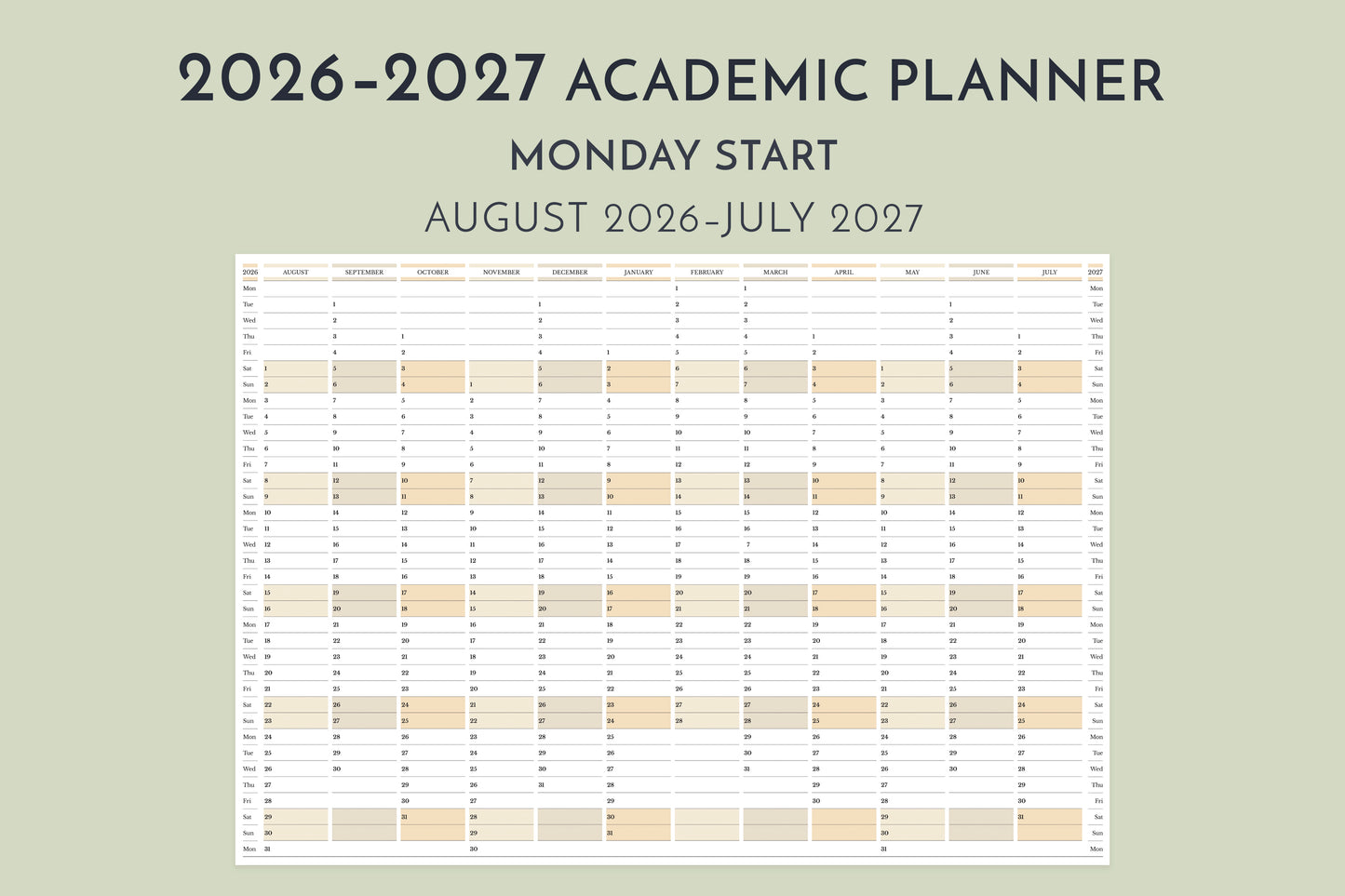 2026-2027 academic planner with Monday start date on a grey green background