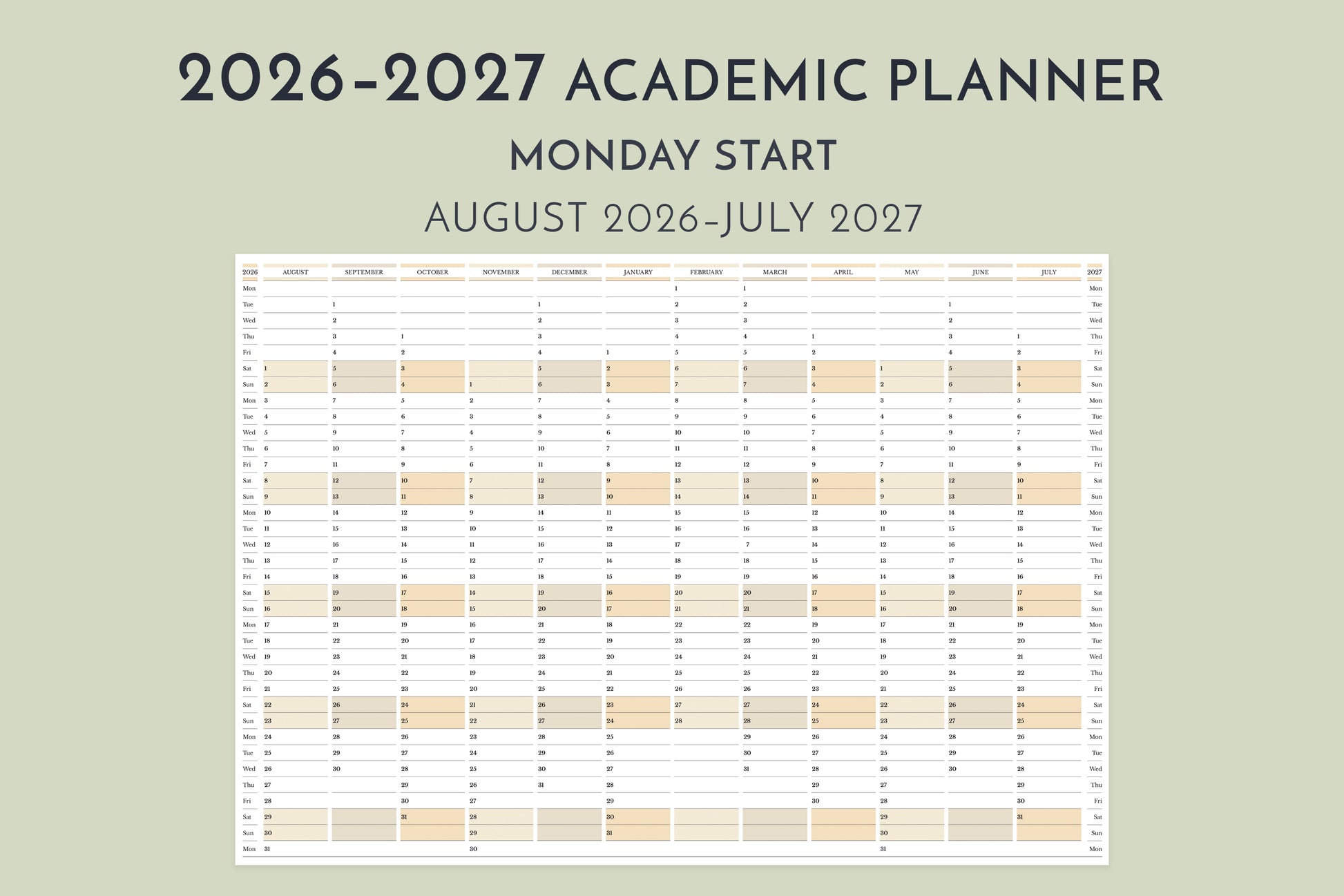2026-2027 academic planner with Monday start date on a grey green background