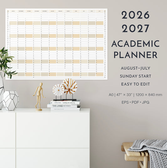 2026-2027 academic planner on a wall with decorative items below.