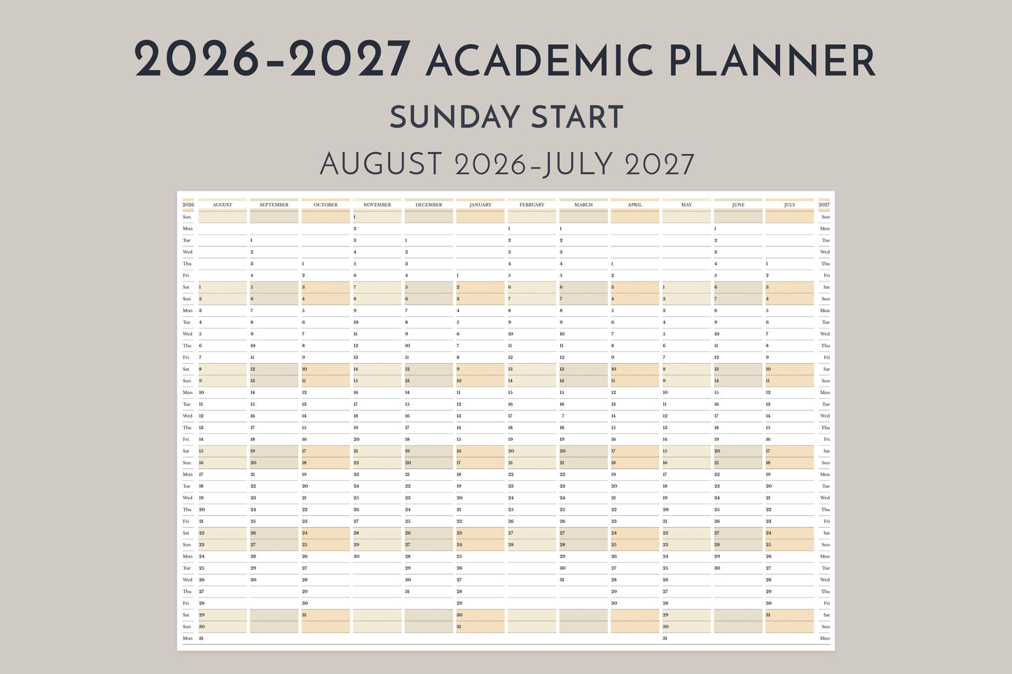 2026-2027 academic planner with a Sunday start date on a gray background