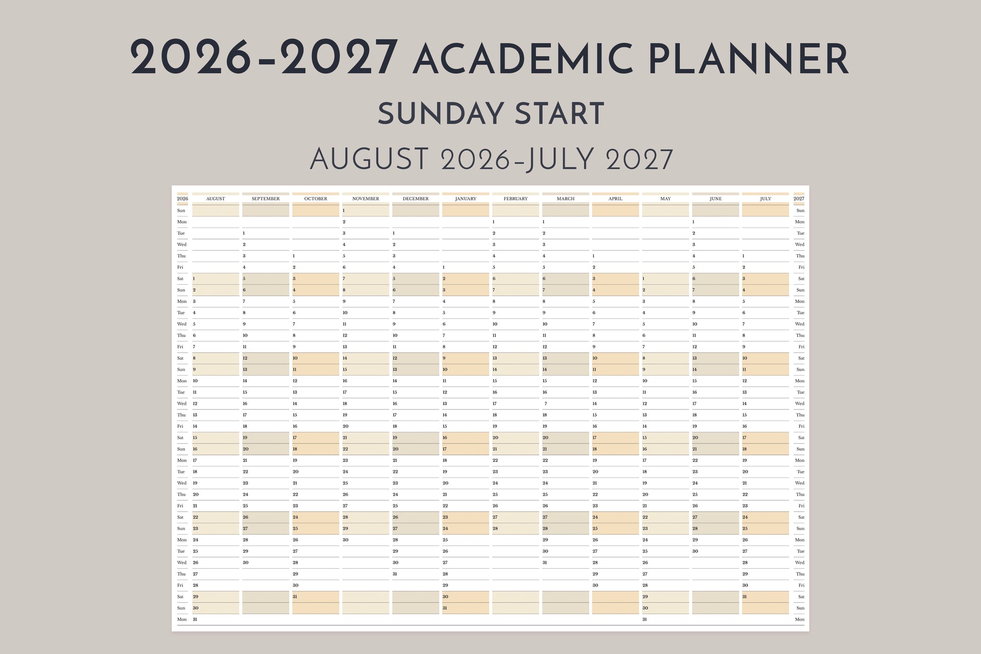 2026-2027 academic planner with a Sunday start date on a gray background