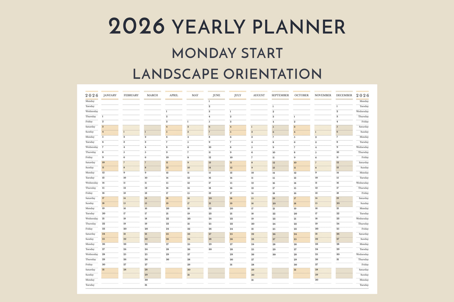 2026 Yearly Wall Planner in Landscape Orientation • Monday Start Horizontal Calendar