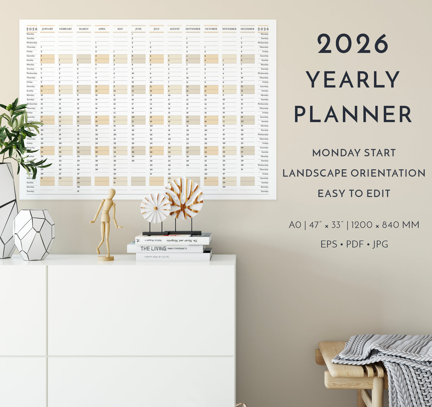 2026 Yearly Wall Planner in Landscape Orientation • Monday Start Horizontal Calendar