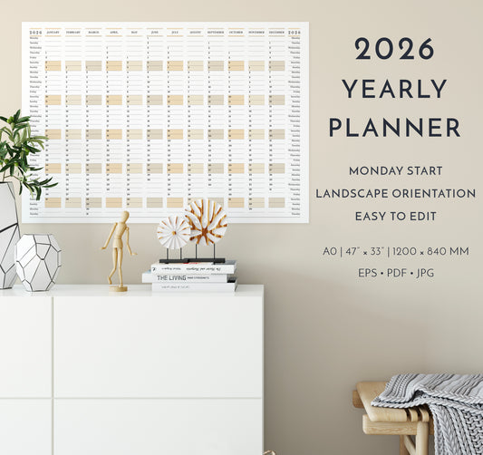 2026 Yearly Wall Planner in Landscape Orientation • Monday Start Horizontal Calendar