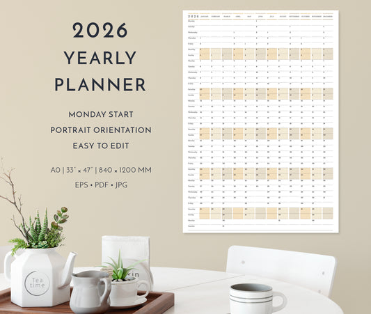 2026 Yearly Wall Planner in Portrait Orientation • Monday Start Vertical Calendar