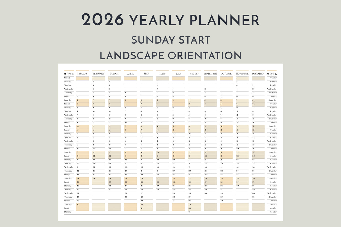 2026 Yearly Wall Planner in Landscape Orientation • Sunday Start Horizontal Calendar