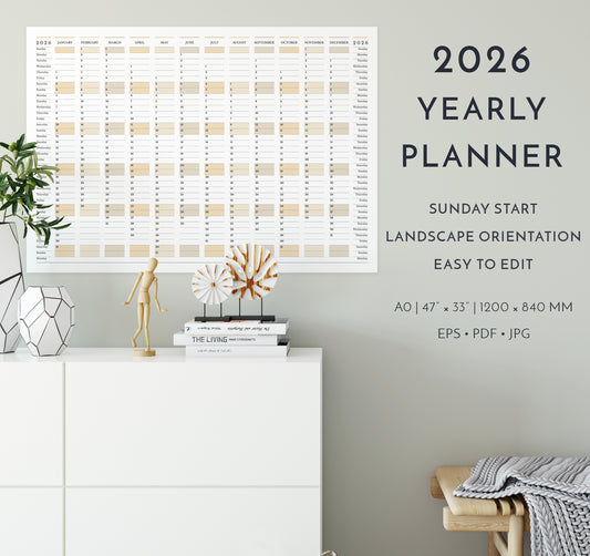 2026 Yearly Wall Planner in Landscape Orientation • Sunday Start Horizontal Calendar