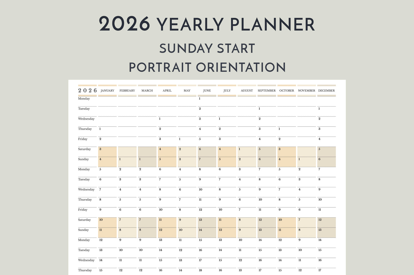 2026 Yearly Wall Planner in Portrait Orientation • Sunday Start Vertical Calendar