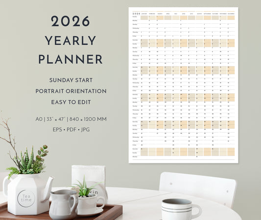 2026 Yearly Wall Planner in Portrait Orientation • Sunday Start Vertical Calendar