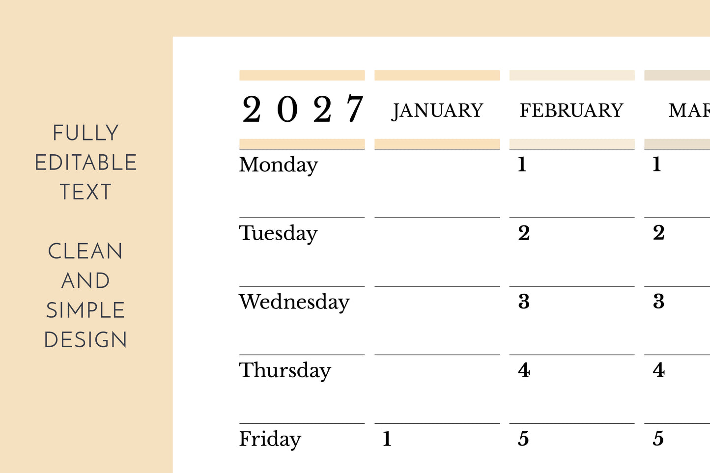 Calendar for 2027 with a beige background and text about editable text and design.