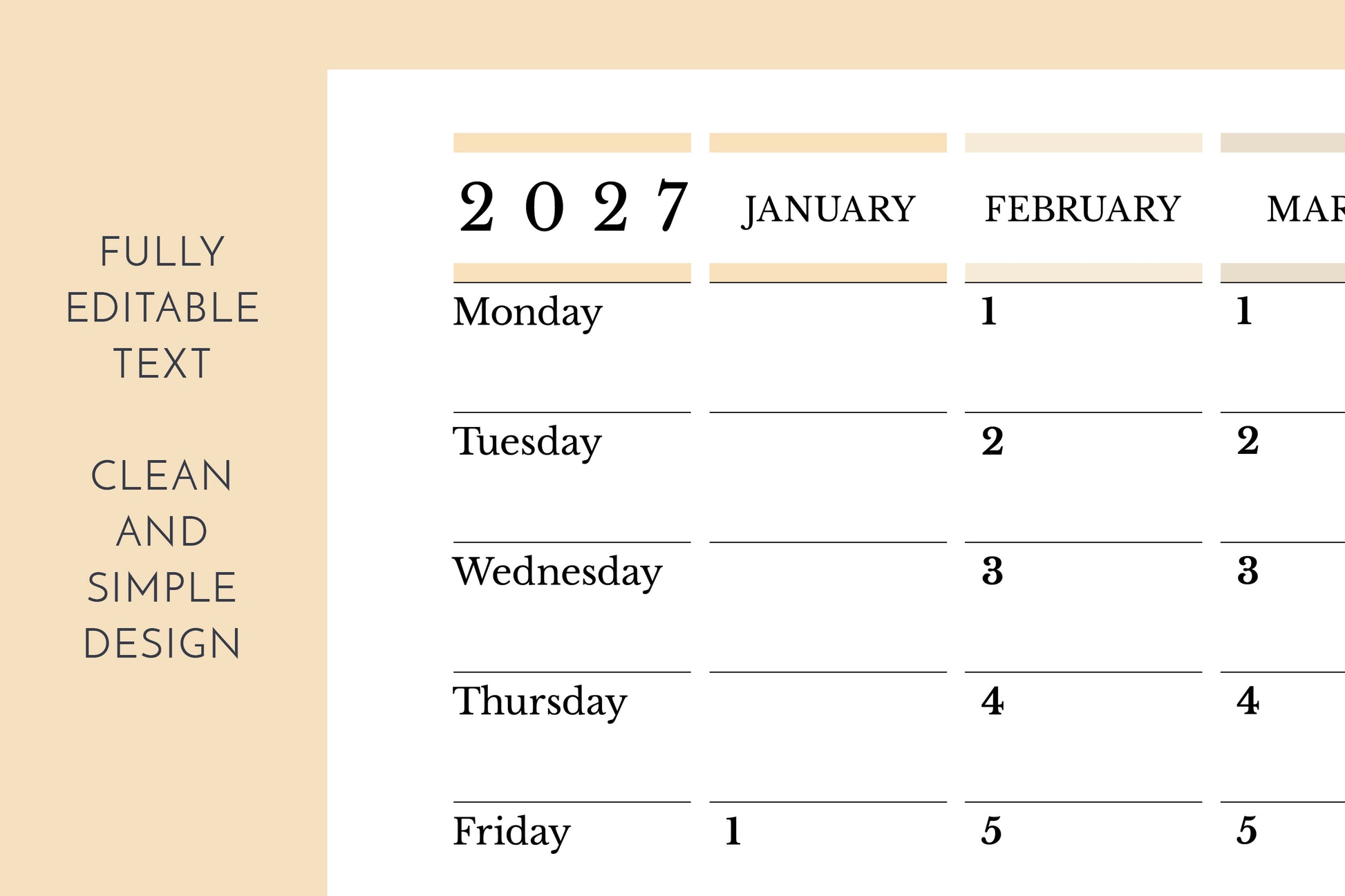 Calendar for 2027 with a beige background and text about editable text and design.