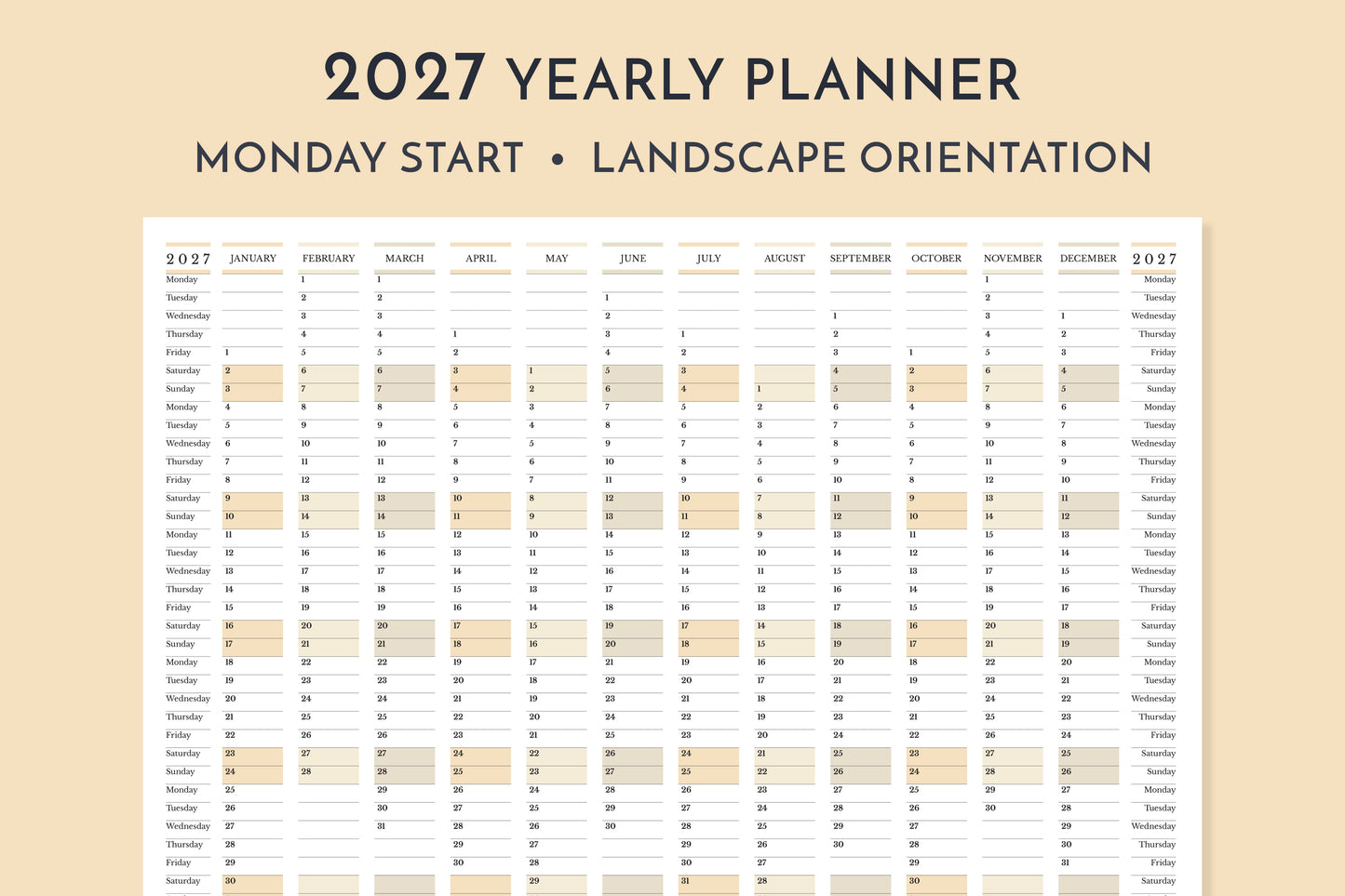 2027 yearly planner with landscape orientation on a beige background