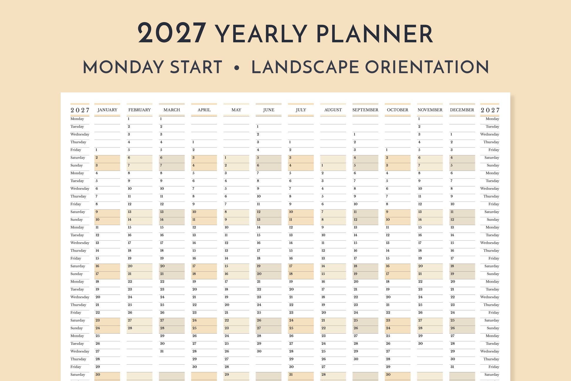 2027 yearly planner with landscape orientation on a beige background
