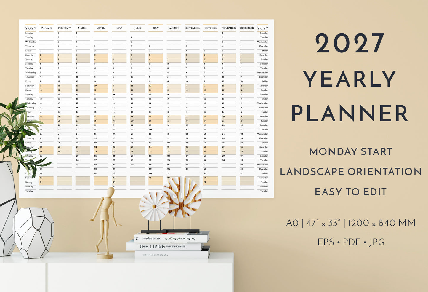 2027 yearly planner with landscape orientation on a wall, featuring text and dimensions.