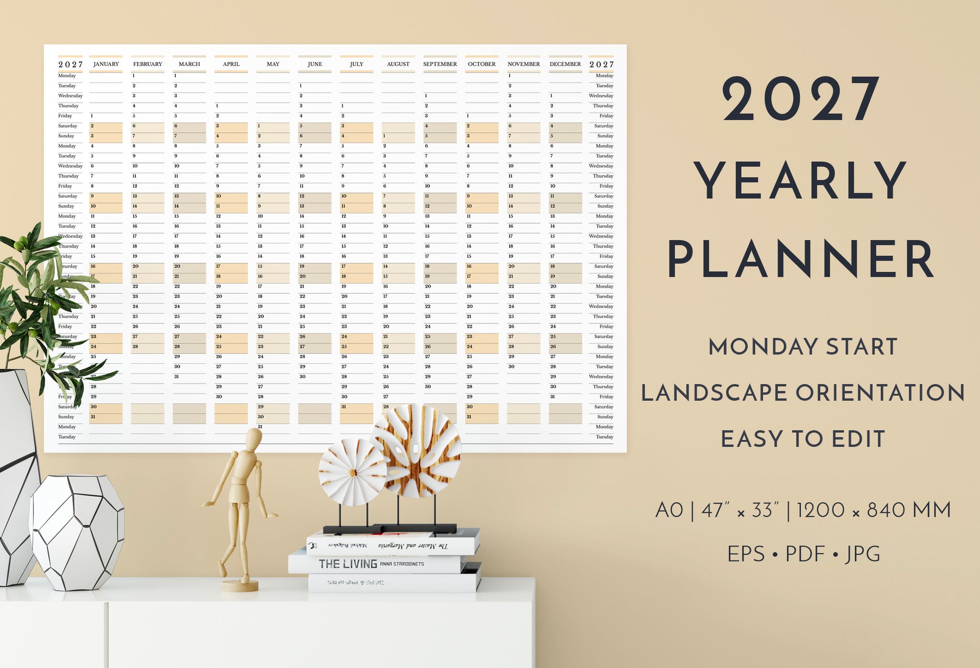 2027 yearly planner with landscape orientation on a wall, featuring text and dimensions.