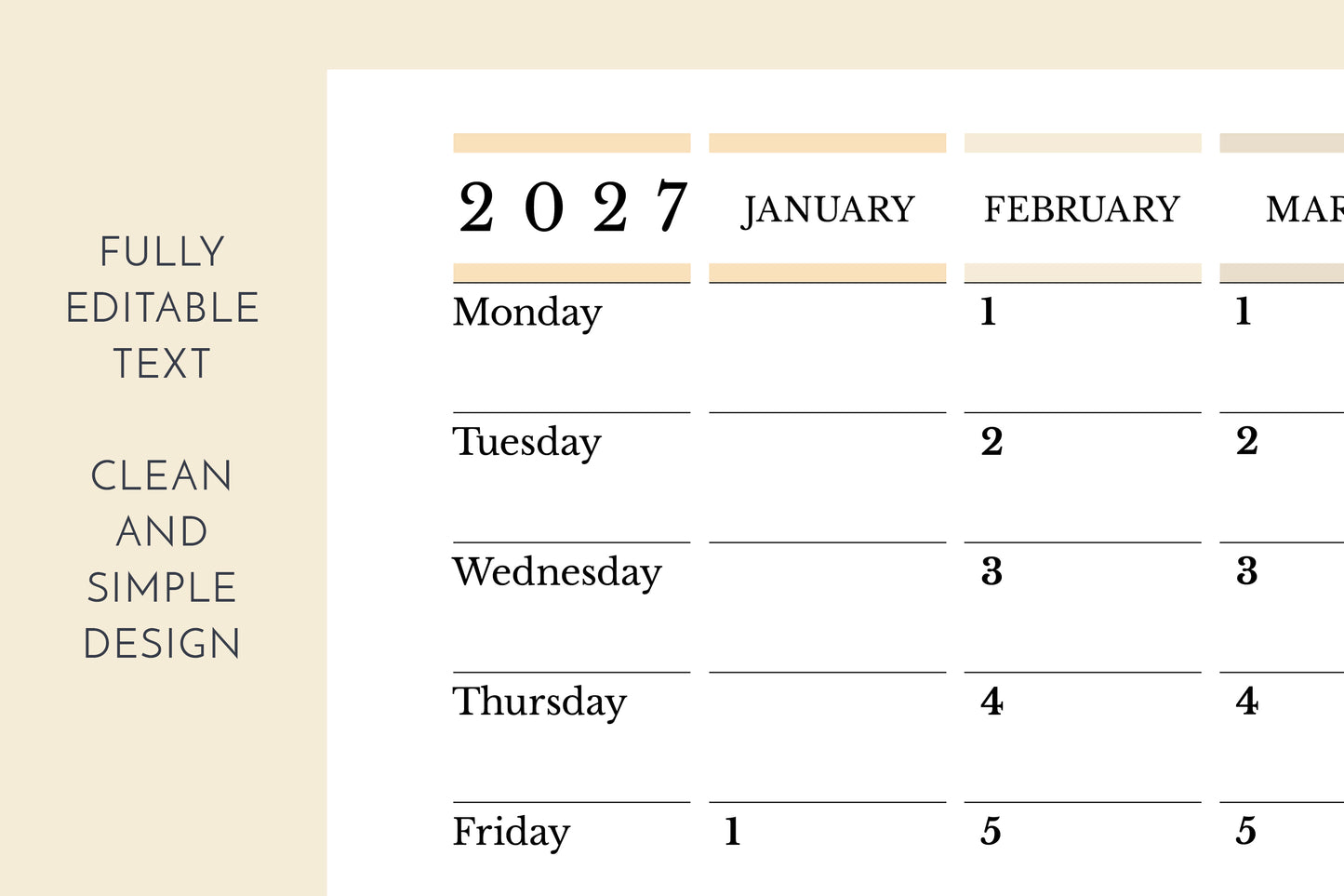 Calendar for 2027 with a beige background and text options.