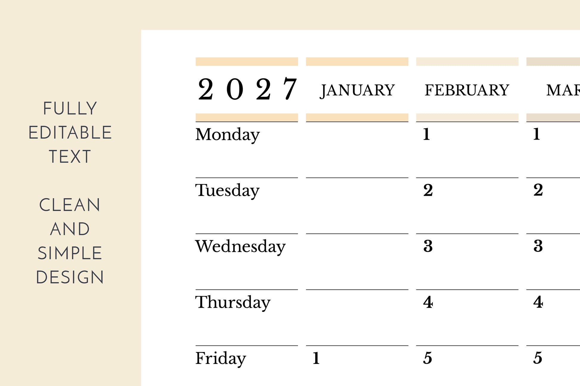 Calendar for 2027 with a beige background and text options.