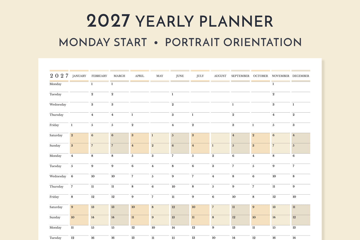 2027 yearly planner with Monday start and portrait orientation on a beige background