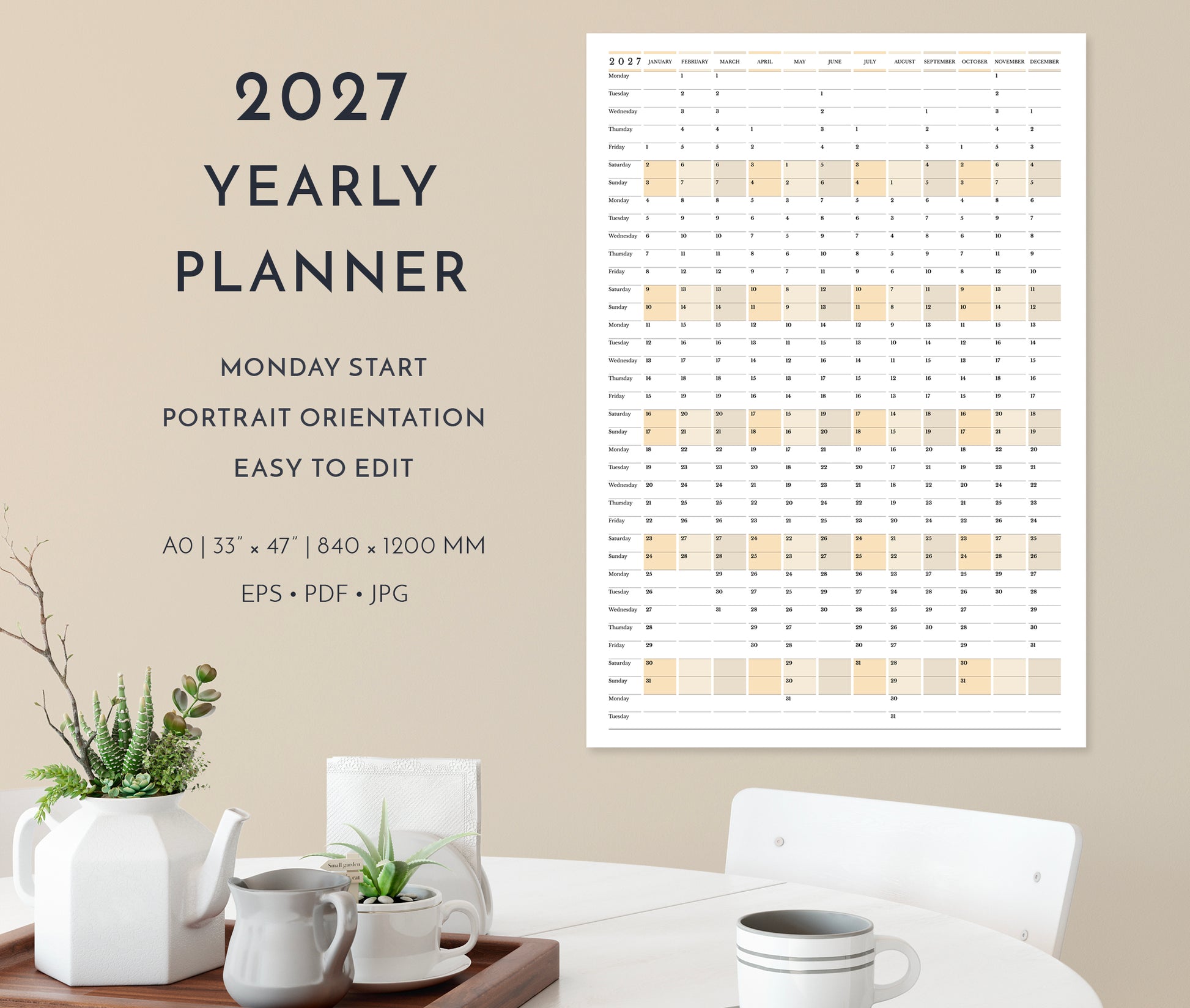 2027 yearly planner on a wall with a minimalistic room setting.
