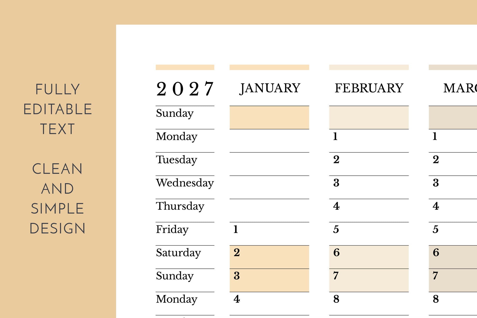 Calendar for 2027 with a beige background and text indicating features.