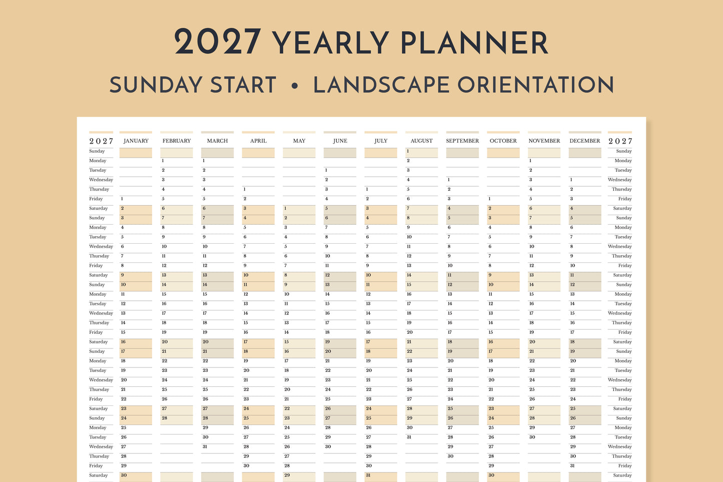2027 yearly planner with landscape orientation on a beige background