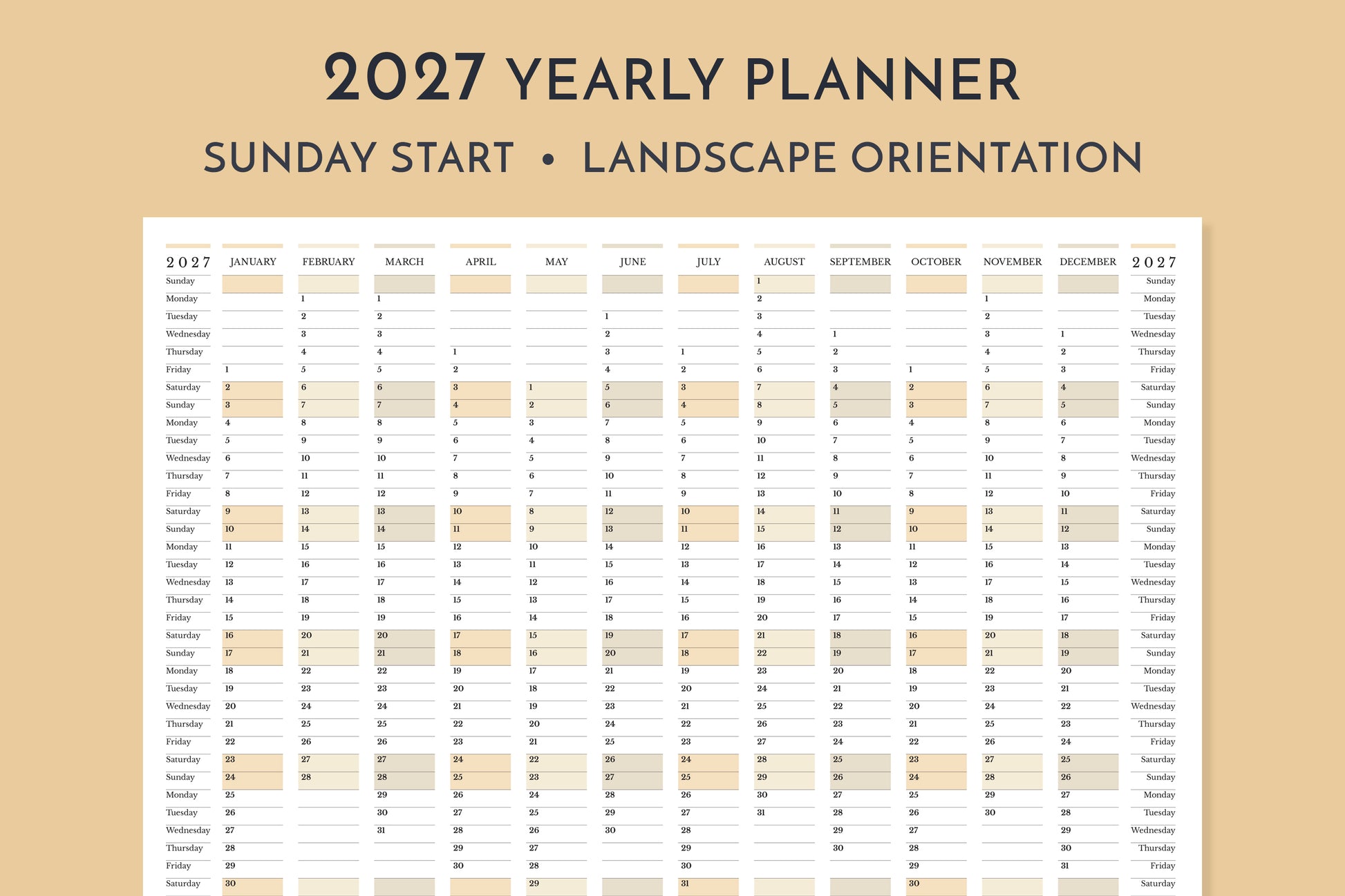 2027 yearly planner with landscape orientation on a beige background