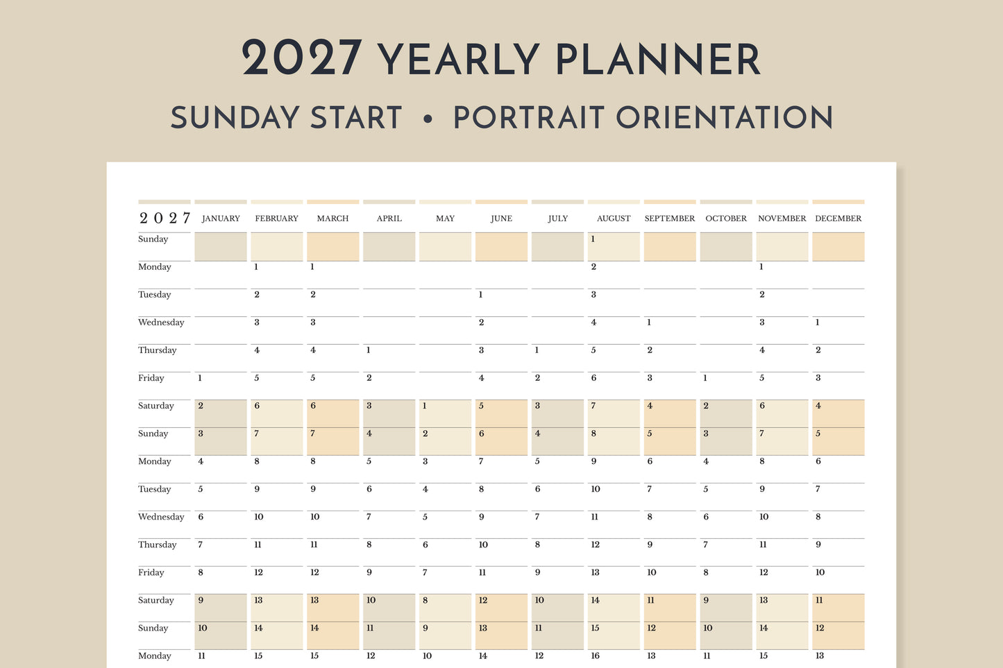2027 yearly planner with beige color swatches on a beige background
