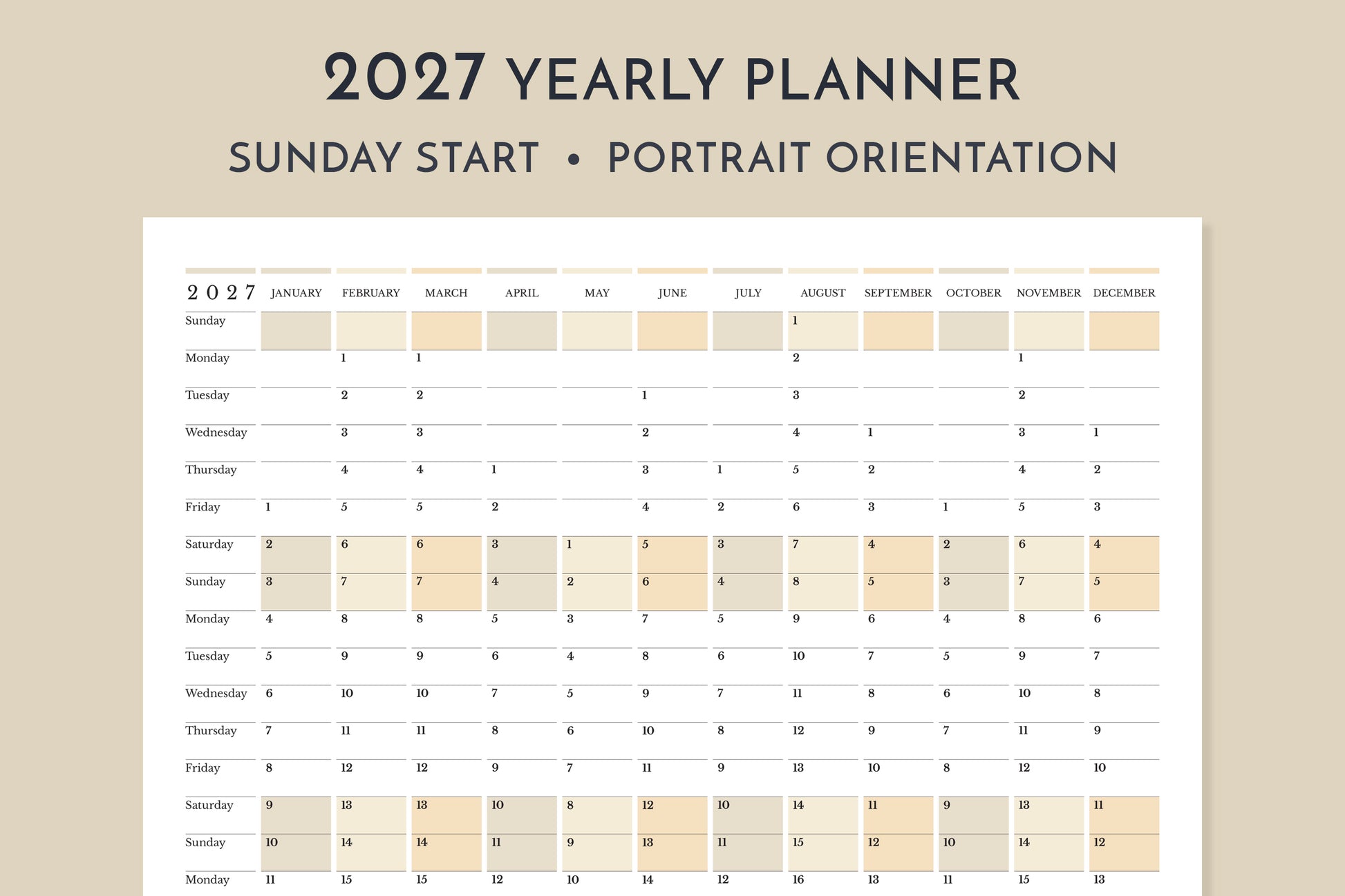 2027 yearly planner with beige color swatches on a beige background
